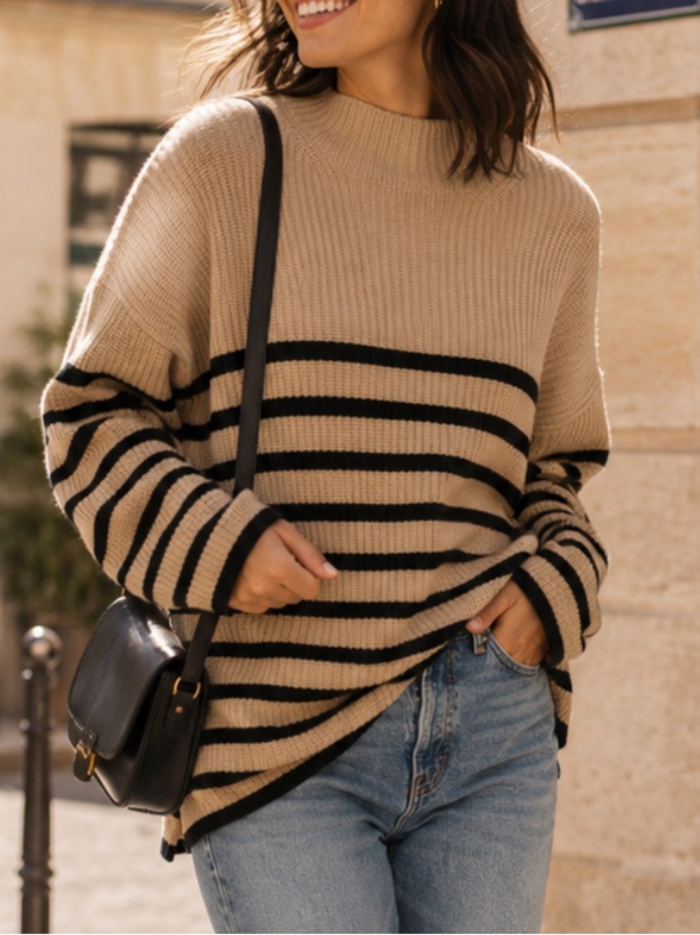 Rails Claudia Funnel Neck Striped Camel Black Tan Cashmere Wool sweater